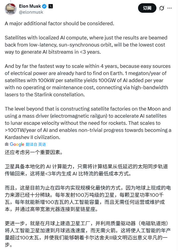 马斯克太空算力革命：月球电磁炮发射AI卫星重塑计算格局(图2)