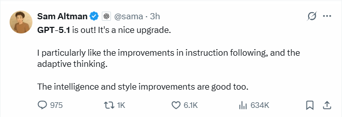 深夜重磅!GPT-5.1发布,奥特曼大谈情商,OpenA(图2) 深夜重磅!GPT-5.1发布,奥特曼大谈情商,OpenA(图2)