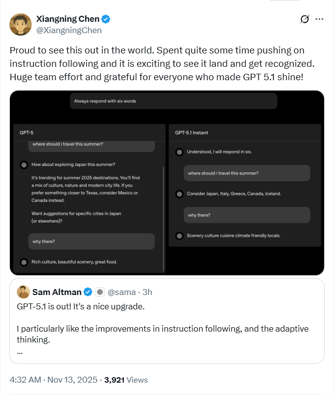 深夜重磅!GPT-5.1发布,奥特曼大谈情商,OpenA(图4) 深夜重磅!GPT-5.1发布,奥特曼大谈情商,OpenA(图4)